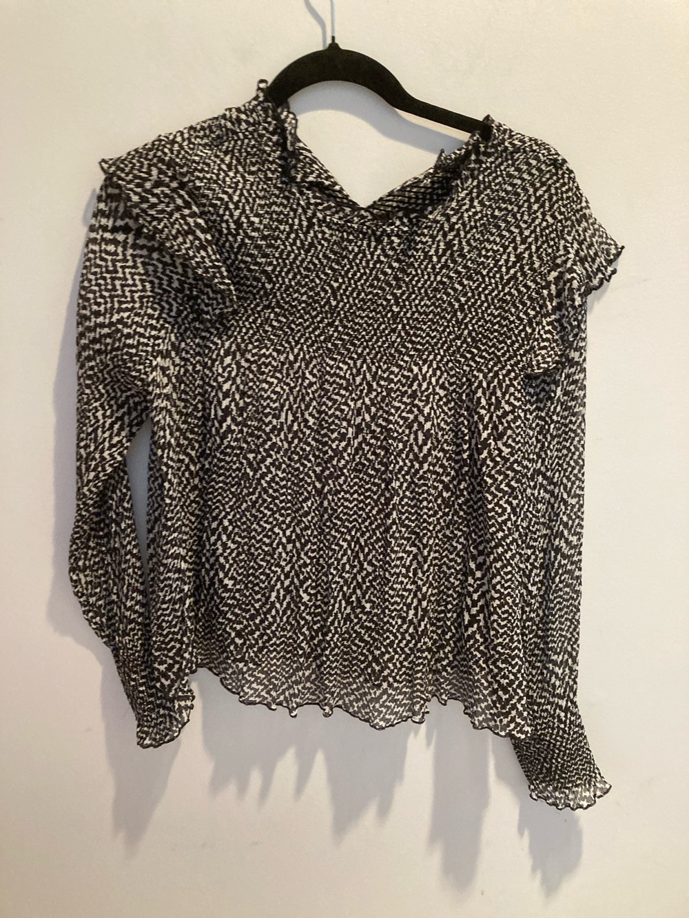 Rag & Bone Black & White Printed Ruffle-Trim Blouse